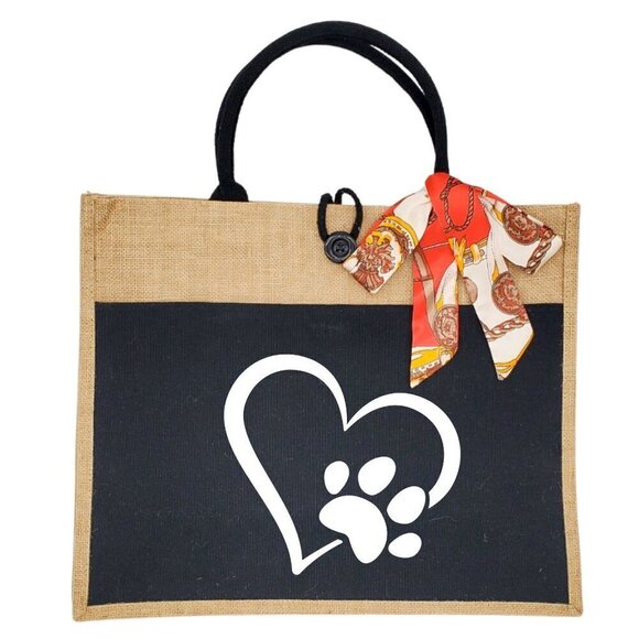 Custom Canvas Tote Bag, Large Size - Paw Print Heart, Black or Cream Tote - Picture 2 of 16